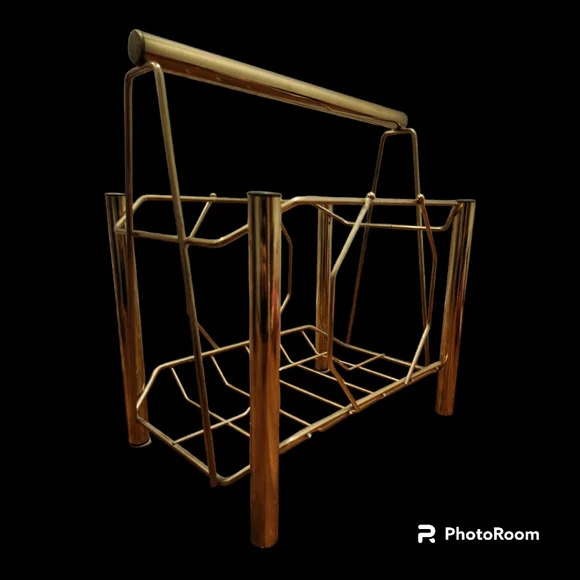 Large Vintage Mid Cenury Modern Brass Standing Magazine Rack Record Storage - Picture 4 of 8